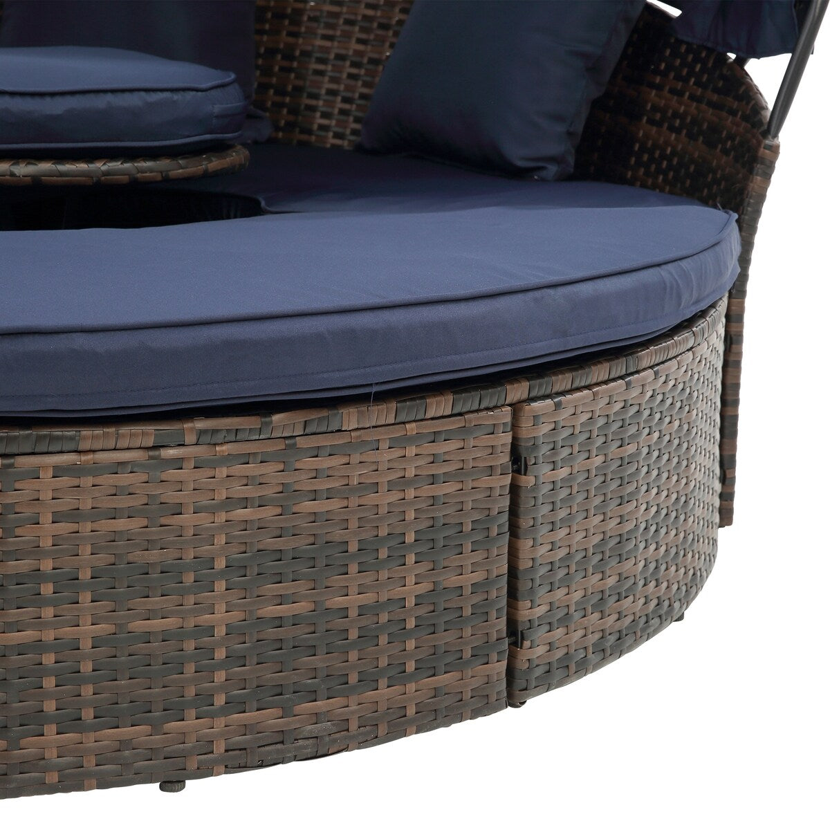 Divano letto rotondo da esterno in rattan con baldacchino e tavolino sollevabile, divano letto con seduta profonda blu navy, cuscini e cuscini lavabili