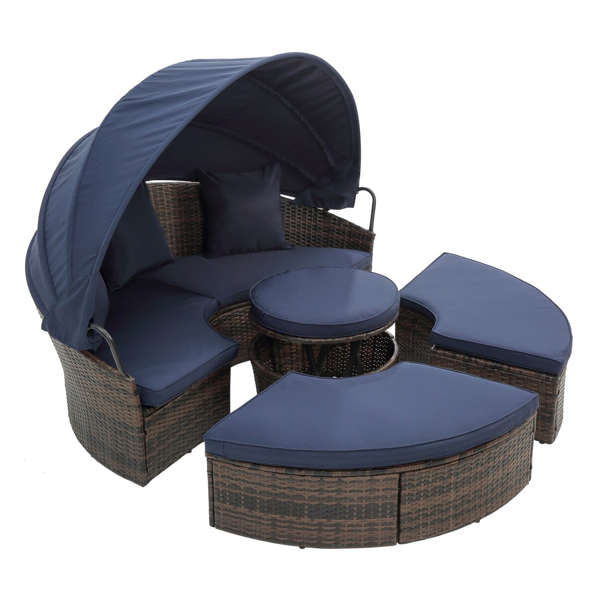 Divano letto rotondo da esterno in rattan con baldacchino e tavolino sollevabile, divano letto con seduta profonda blu navy, cuscini e cuscini lavabili