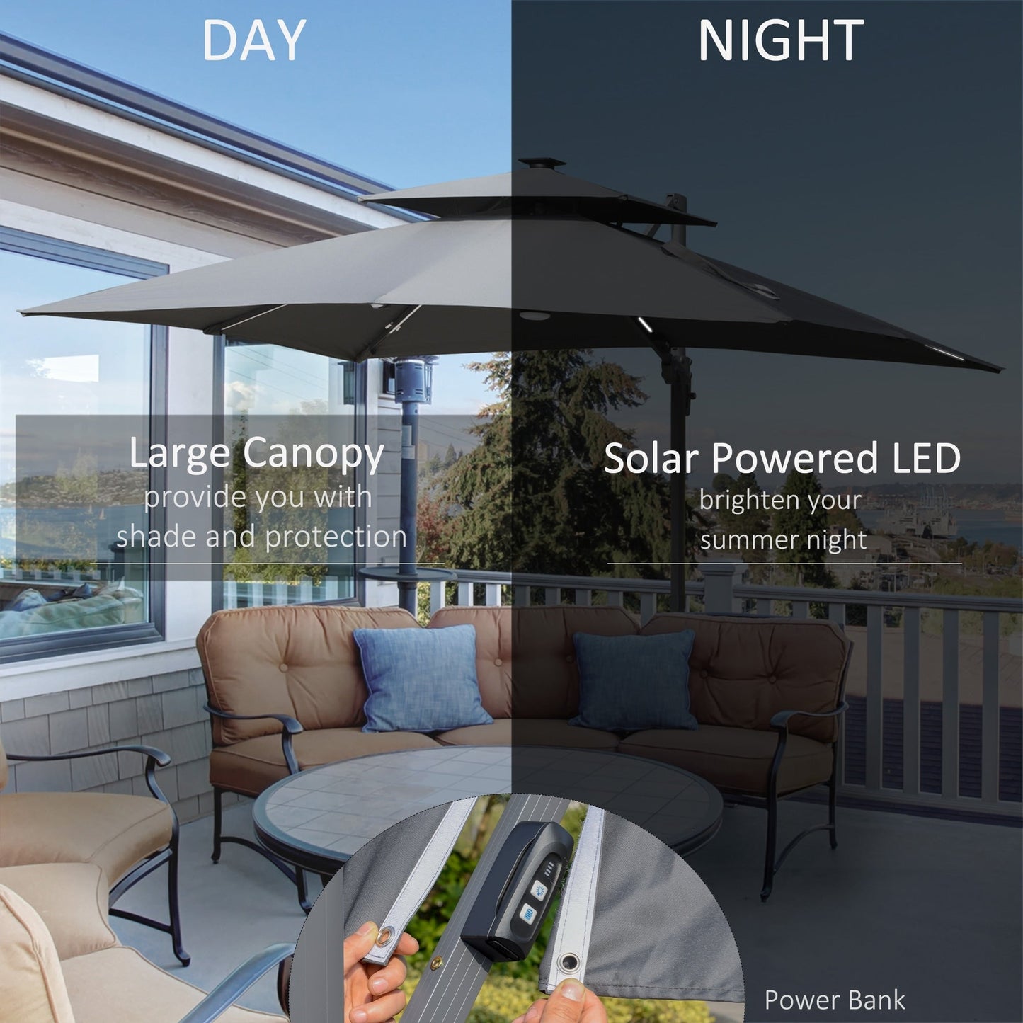 Ombrellone da giardino a LED solare Outsunny da 10 piedi, ombrellone sospeso con rotazione a 360°, base a croce, 8 stecche, inclinazione e manovella