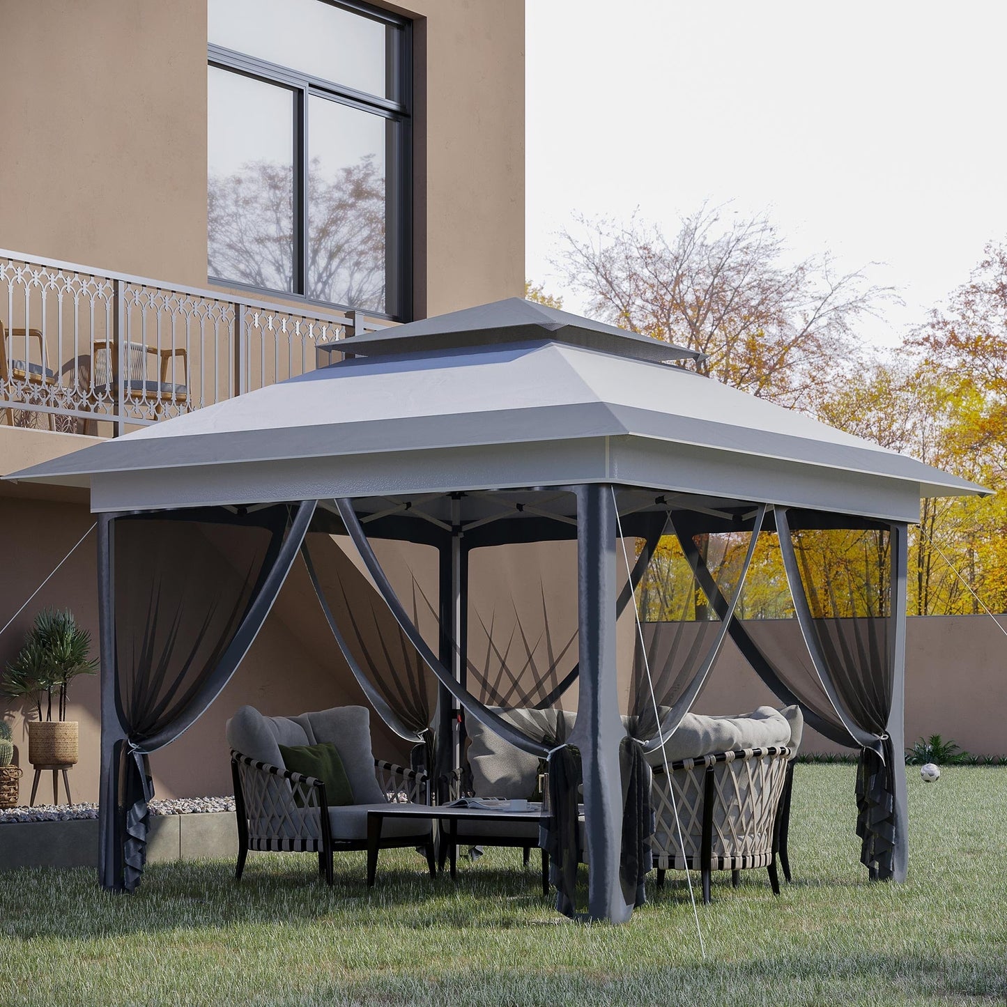 Tenda parasole Outsunny Pop Up Canopy da 12' x 12', pieghevole istantanea, con rete laterale in rete, altezza regolabile su 3 livelli
