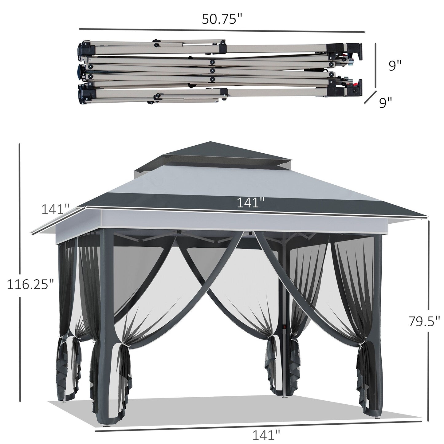 Tenda parasole Outsunny Pop Up Canopy da 12' x 12', pieghevole istantanea, con rete laterale in rete, altezza regolabile su 3 livelli