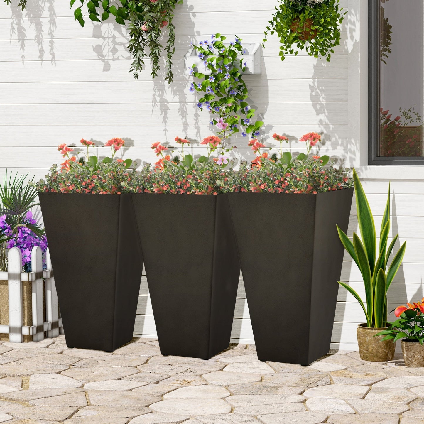 Outsunny 28 - Set di 3 vasi alti in plastica per fiori, grandi fioriere da giardino in plastica per interni ed esterni, per ingresso, patio, cortile
