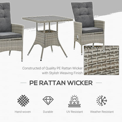 Outsunny Set di 3 divani da giardino in rattan PE, sedie reclinabili da esterno, tavolino da caffè con piano in plastica effetto legno