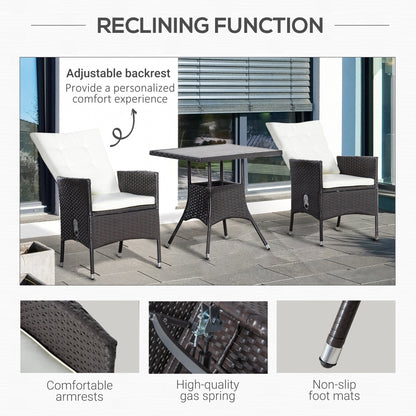 Outsunny Set di 3 divani da giardino in rattan PE, sedie reclinabili da esterno, tavolino da caffè con piano in plastica effetto legno