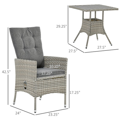 Outsunny Set di 3 divani da giardino in rattan PE, sedie reclinabili da esterno, tavolino da caffè con piano in plastica effetto legno