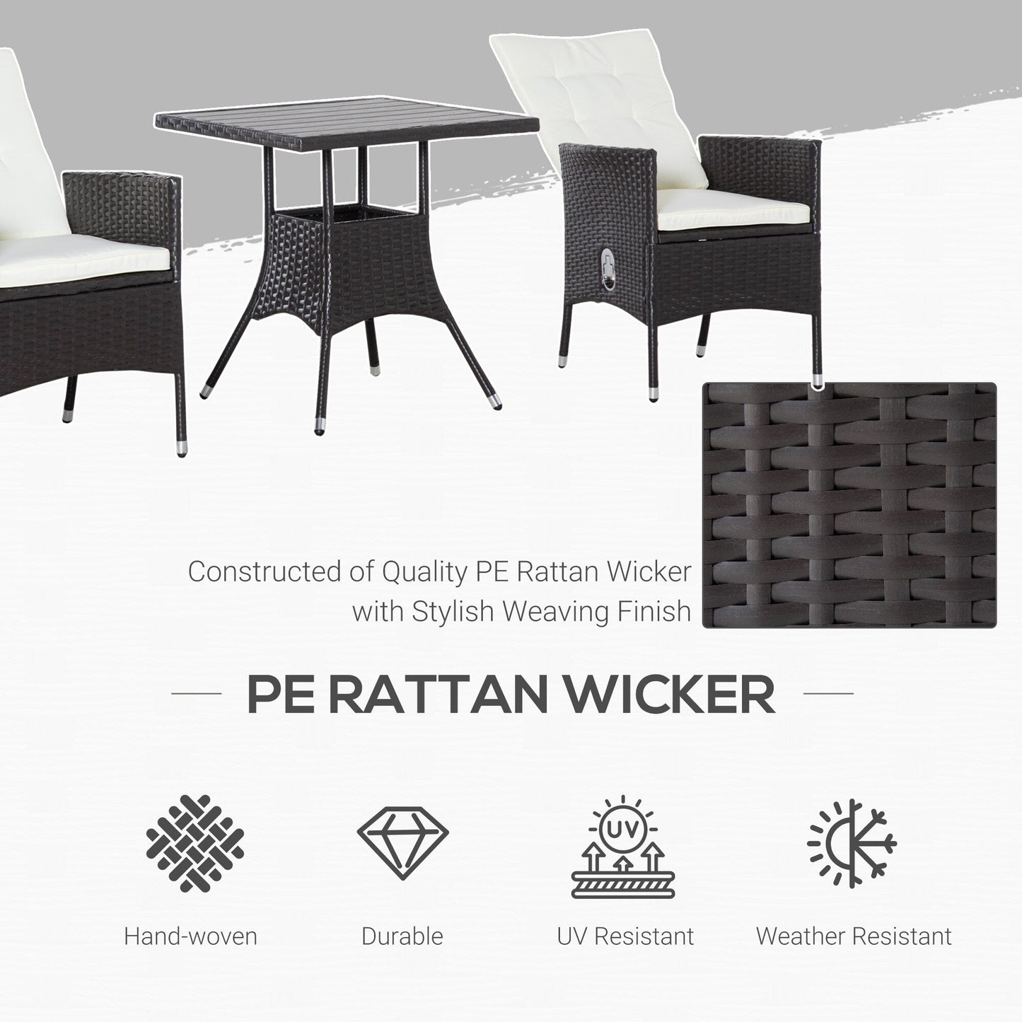 Outsunny Set di 3 divani da giardino in rattan PE, sedie reclinabili da esterno, tavolino da caffè con piano in plastica effetto legno