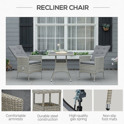 Outsunny Set di 3 divani da giardino in rattan PE, sedie reclinabili da esterno, tavolino da caffè con piano in plastica effetto legno