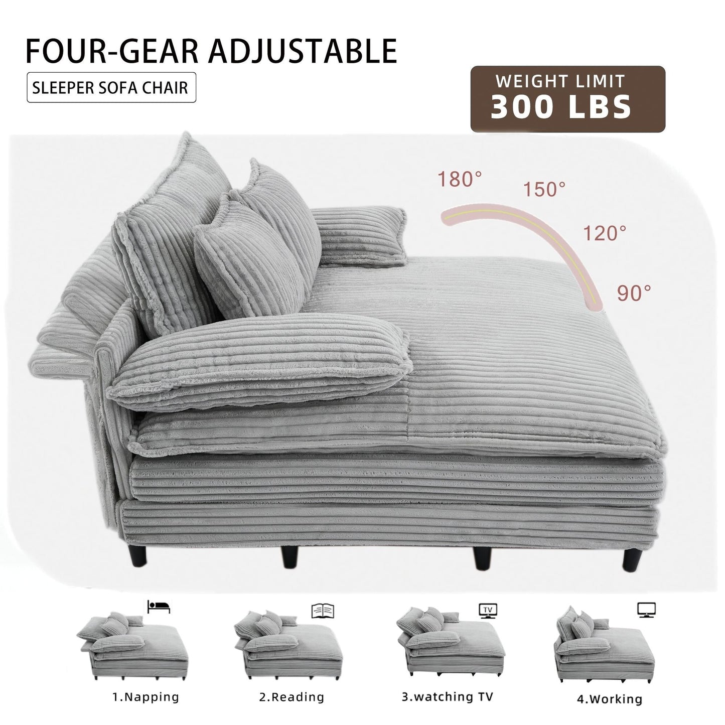 Divano letto regolabile in velluto a coste soffice e chaise longue oversize