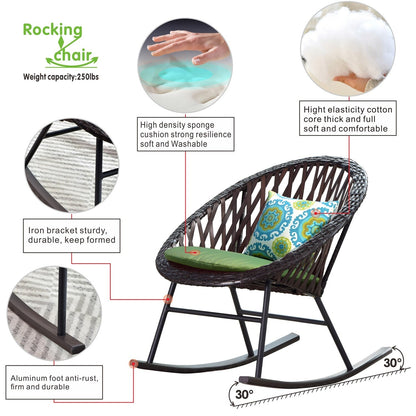 Set da bistrot OVIOS con sedia a dondolo da giardino da 3 pezzi e tavolino in vetro