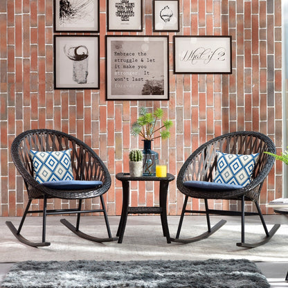 Set da bistrot OVIOS con sedia a dondolo da giardino da 3 pezzi e tavolino in vetro