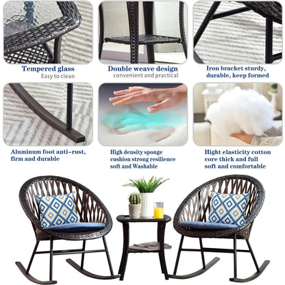 Set da bistrot OVIOS con sedia a dondolo da giardino da 3 pezzi e tavolino in vetro