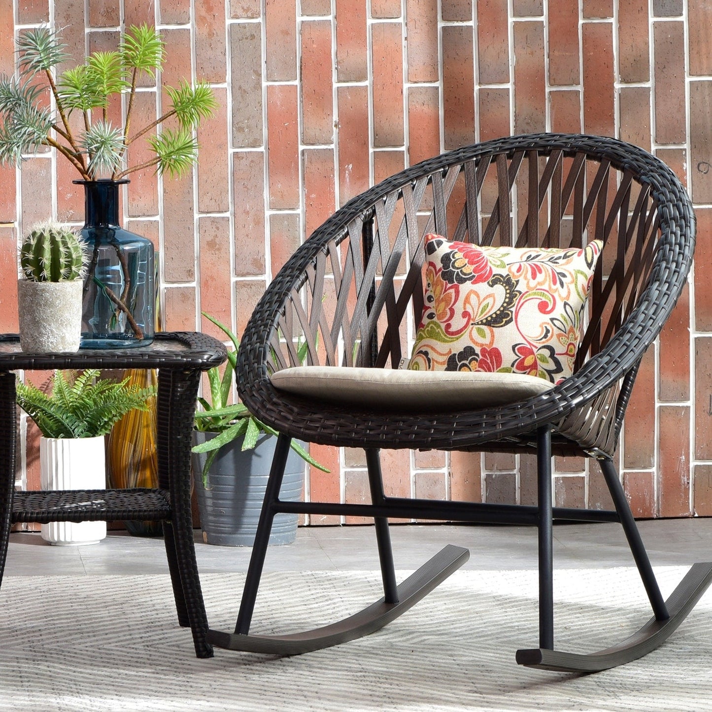 Set da bistrot OVIOS con sedia a dondolo da giardino da 3 pezzi e tavolino in vetro