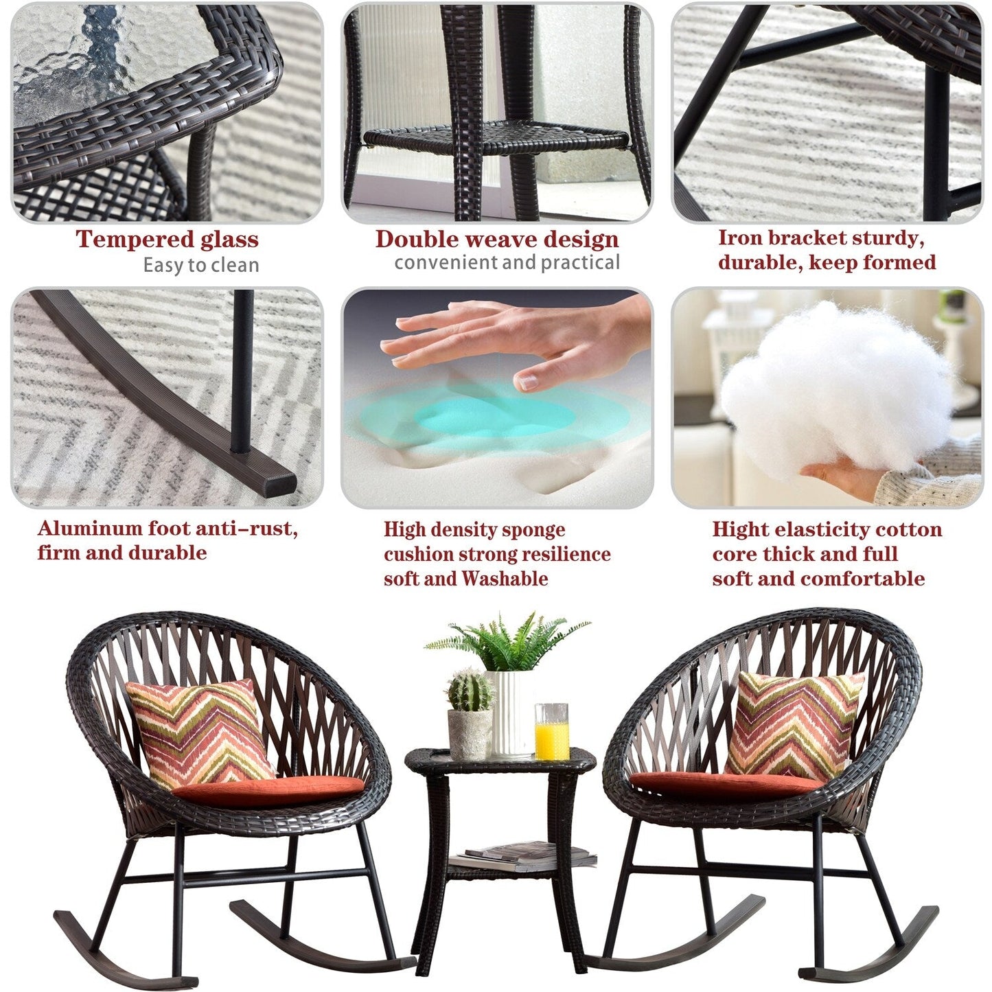 Set da bistrot OVIOS con sedia a dondolo da giardino da 3 pezzi e tavolino in vetro