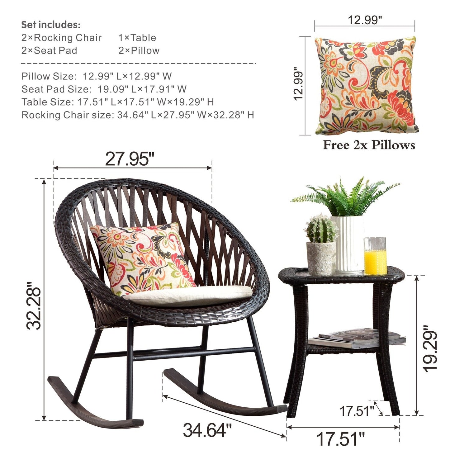 Set da bistrot OVIOS con sedia a dondolo da giardino da 3 pezzi e tavolino in vetro