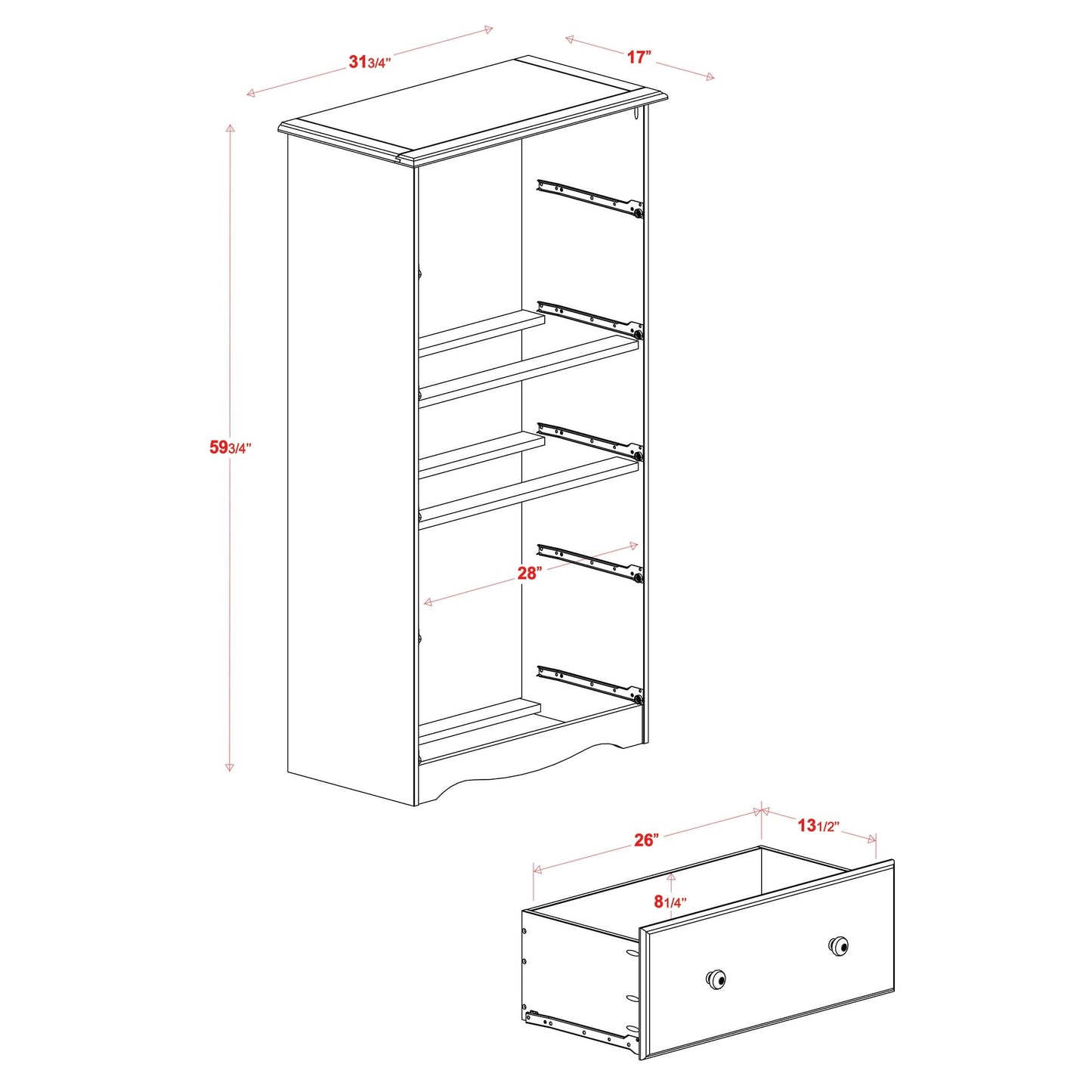 Palace Imports Cassettiera 100% in legno massello con 5 cassetti grandi, serratura, pomelli in metallo o legno