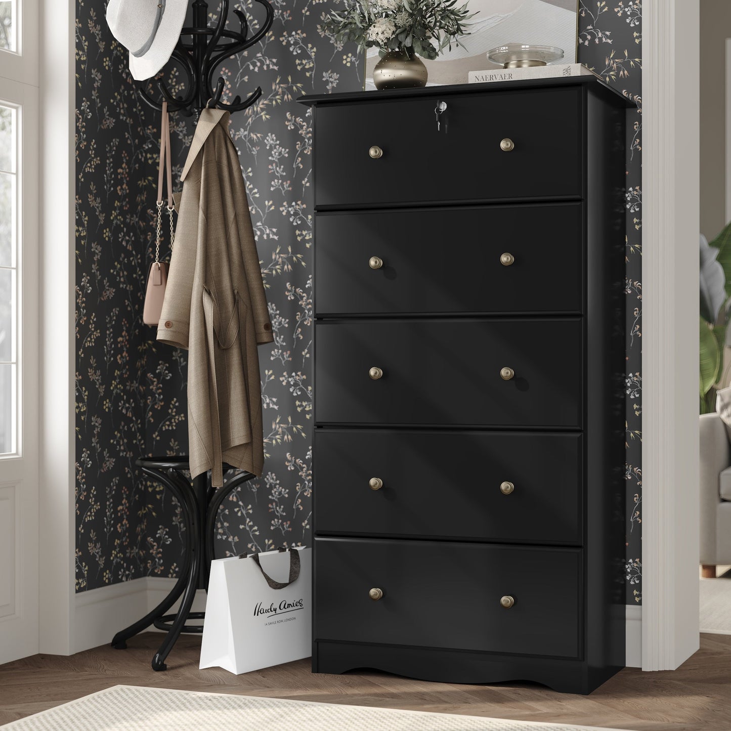 Palace Imports Cassettiera 100% in legno massello con 5 cassetti grandi, serratura, pomelli in metallo o legno