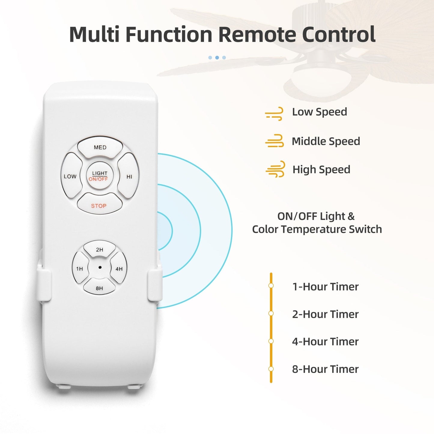 Ventilatore da soffitto Moasis 52 in foglia di palma con luce in stile tropicale con telecomando