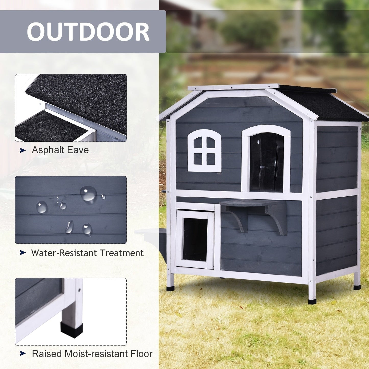 PawHut Fir Wood - Cuccia per gatti da esterno a 2 piani, rifugio in legno per gatti selvatici con tetto apribile in asfalto per interni/esterni, bianco/grigio