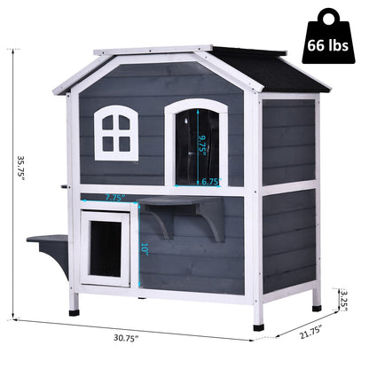 PawHut Fir Wood - Cuccia per gatti da esterno a 2 piani, rifugio in legno per gatti selvatici con tetto apribile in asfalto per interni/esterni, bianco/grigio