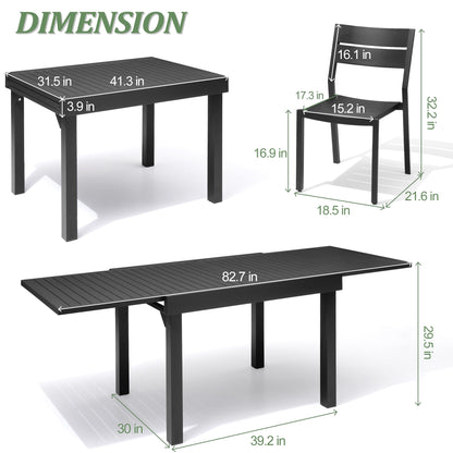 Set da pranzo per esterni in alluminio Pellebant da 5/7/9 pezzi con tavolo estensibile e sedie impilabili