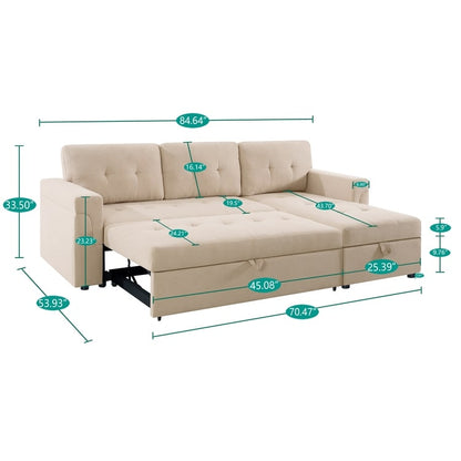 Divano componibile reversibile con letto estraibile, chaise longue con contenitore nascosto, gambe resistenti,