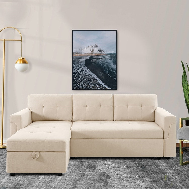 Divano componibile reversibile con letto estraibile, chaise longue con contenitore nascosto, gambe resistenti,