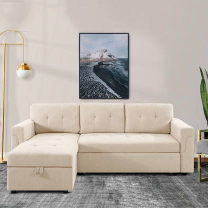 Divano componibile reversibile con letto estraibile, chaise longue con contenitore nascosto, gambe resistenti,