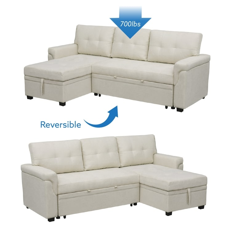 Divano componibile reversibile con letto estraibile, chaise longue con contenitore nascosto, gambe resistenti,