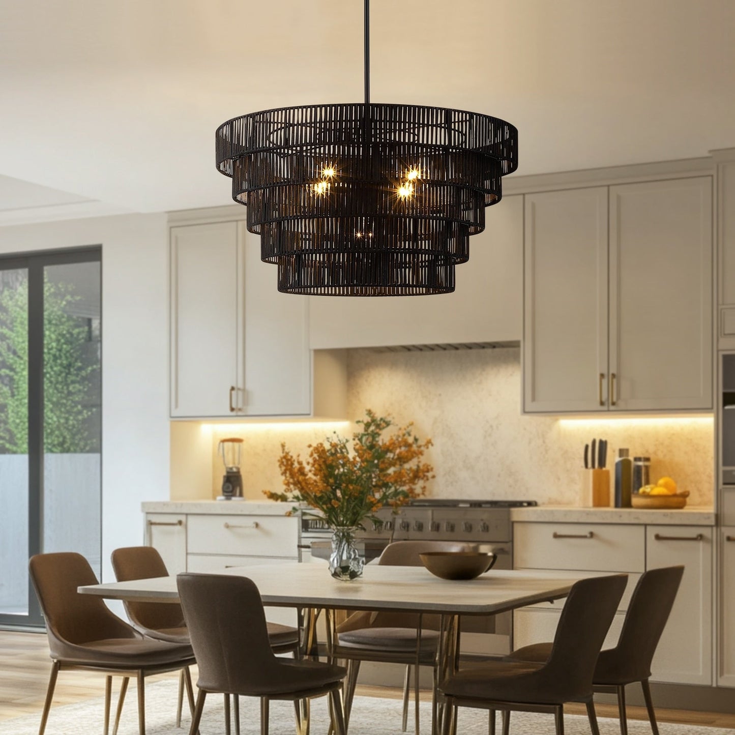 Lampadario moderno bohémien Piersan a 5 luci con paralume in rattan a più livelli - 26 pollici di larghezza