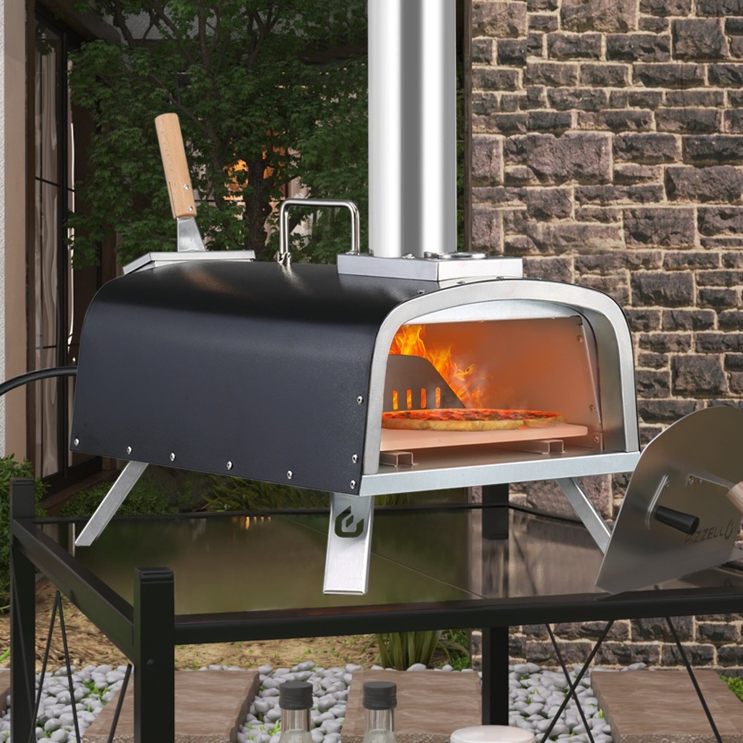 Forno per pizza multicombustibile da esterno, con bruciatore a gas e contenitore per legna, 12 pollici