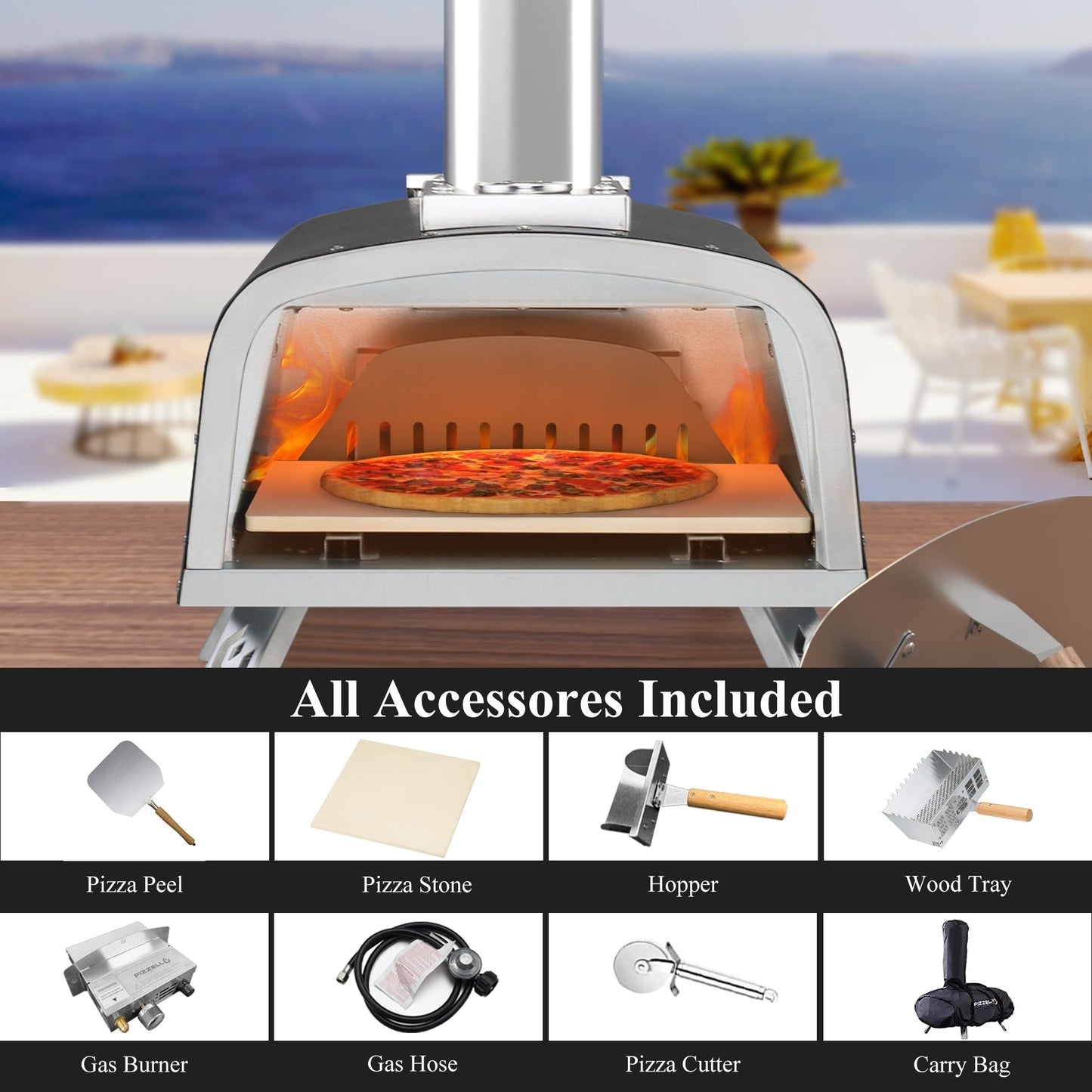 Forno per pizza multicombustibile da esterno, con bruciatore a gas e contenitore per legna, 12 pollici