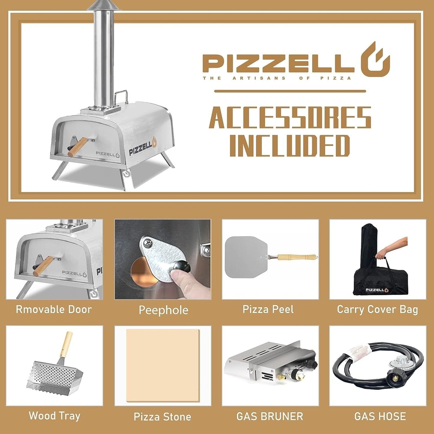 Forno per pizza multicombustibile da esterno, con bruciatore a gas e contenitore per legna, 12 pollici