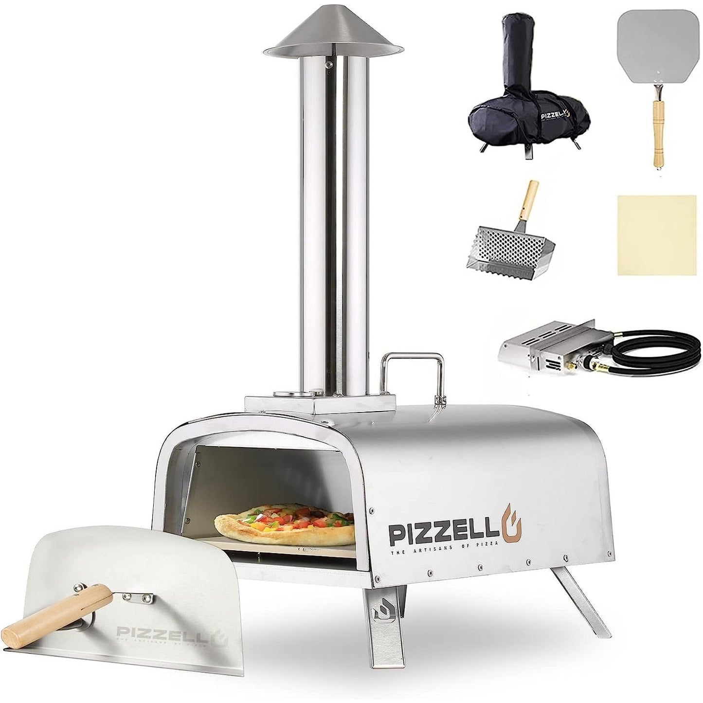 Forno per pizza multicombustibile da esterno, con bruciatore a gas e contenitore per legna, 12 pollici