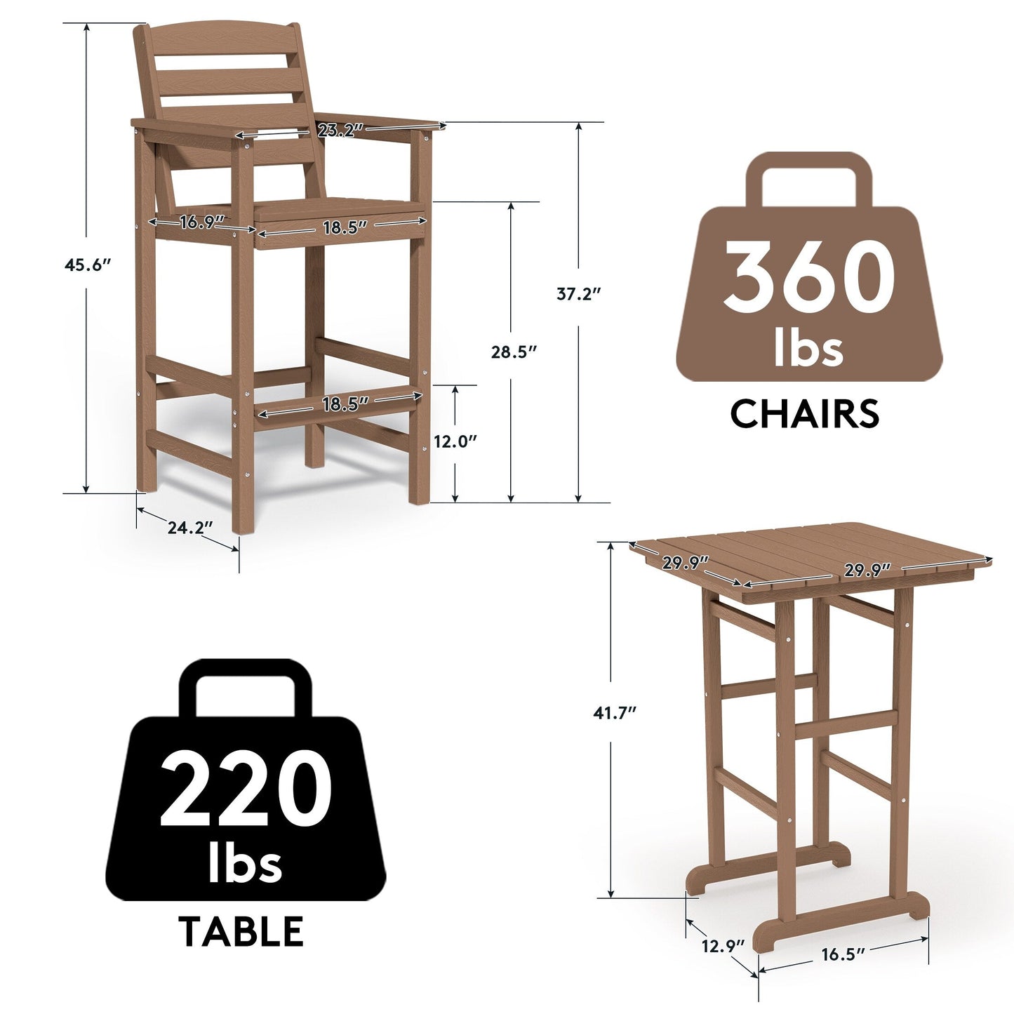 Set di 3 sedie Adirondack alte in plastica per conversazione in giardino