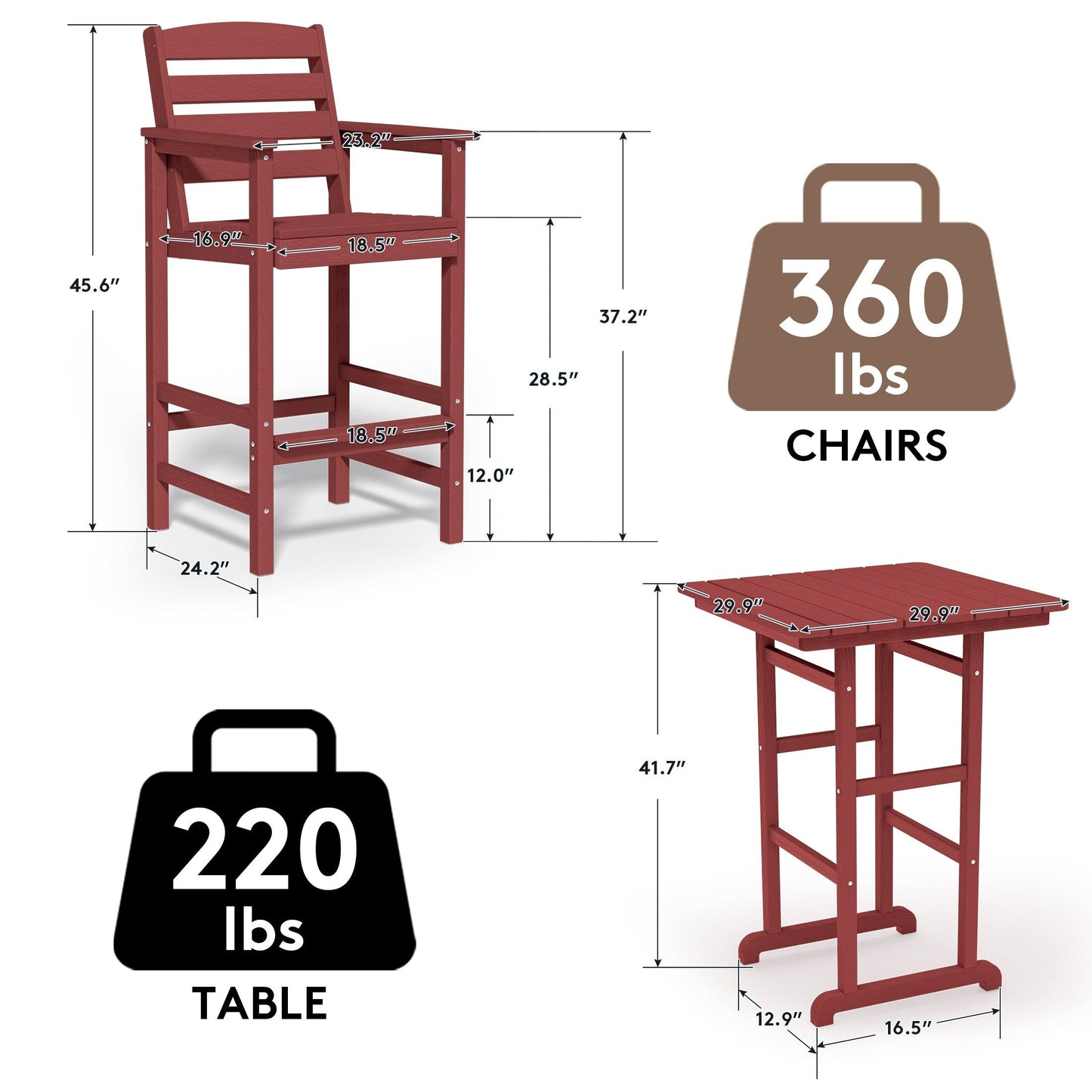 Set di 3 sedie Adirondack alte in plastica per conversazione in giardino