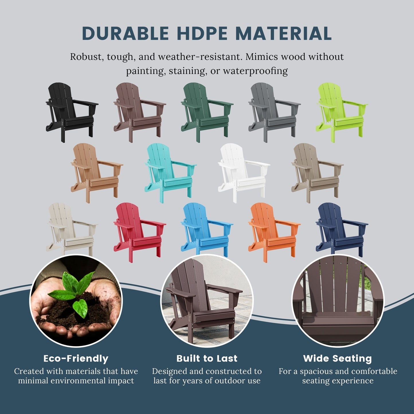 Sedia Adirondack pieghevole per esterni e patio, resistente allo sbiadimento e a tutte le condizioni atmosferiche, Polytrends Laguna