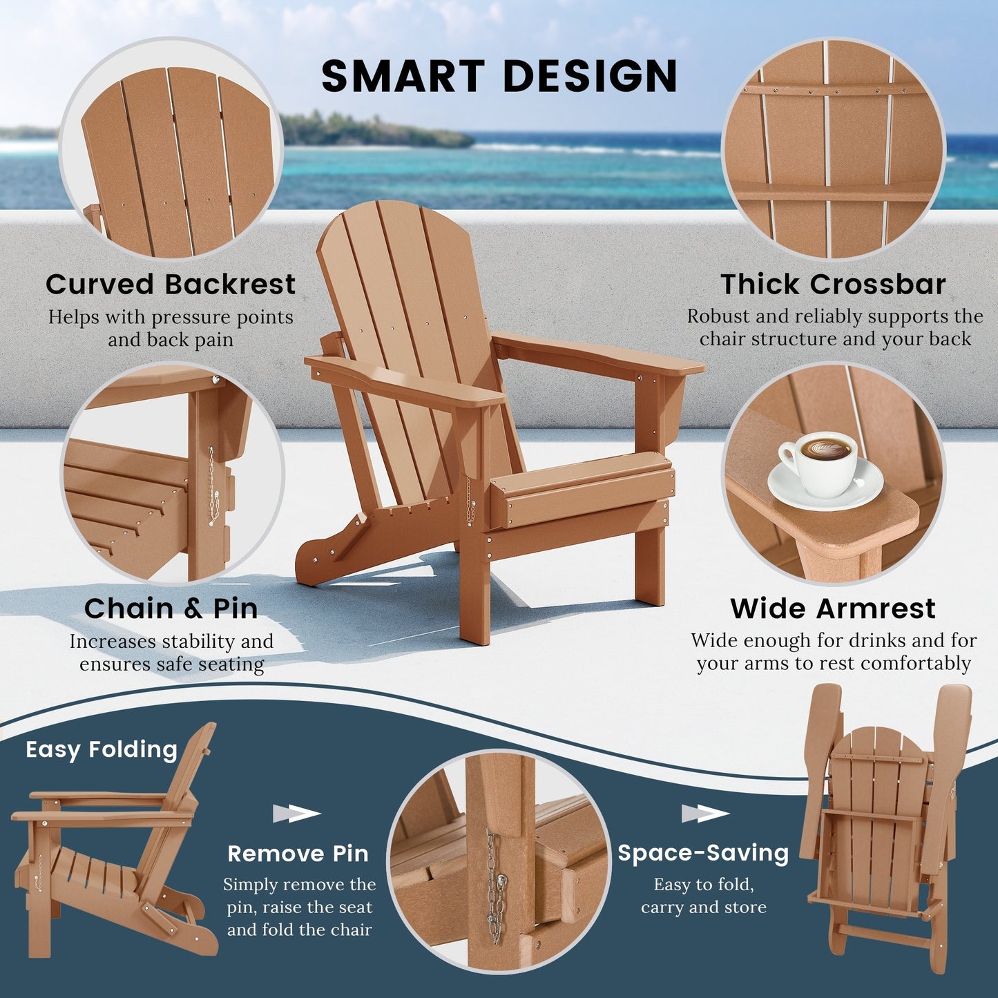 Sedia Adirondack pieghevole per esterni e patio, resistente allo sbiadimento e a tutte le condizioni atmosferiche, Polytrends Laguna