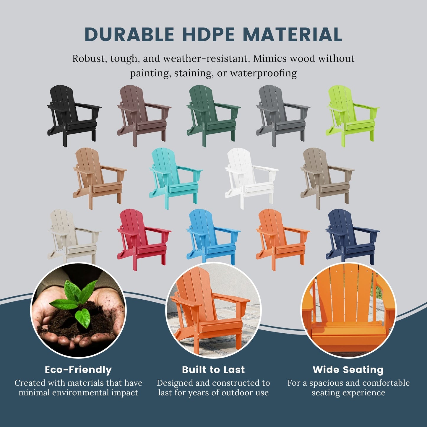 Sedia Adirondack pieghevole per esterni e patio, resistente allo sbiadimento e a tutte le condizioni atmosferiche, Polytrends Laguna