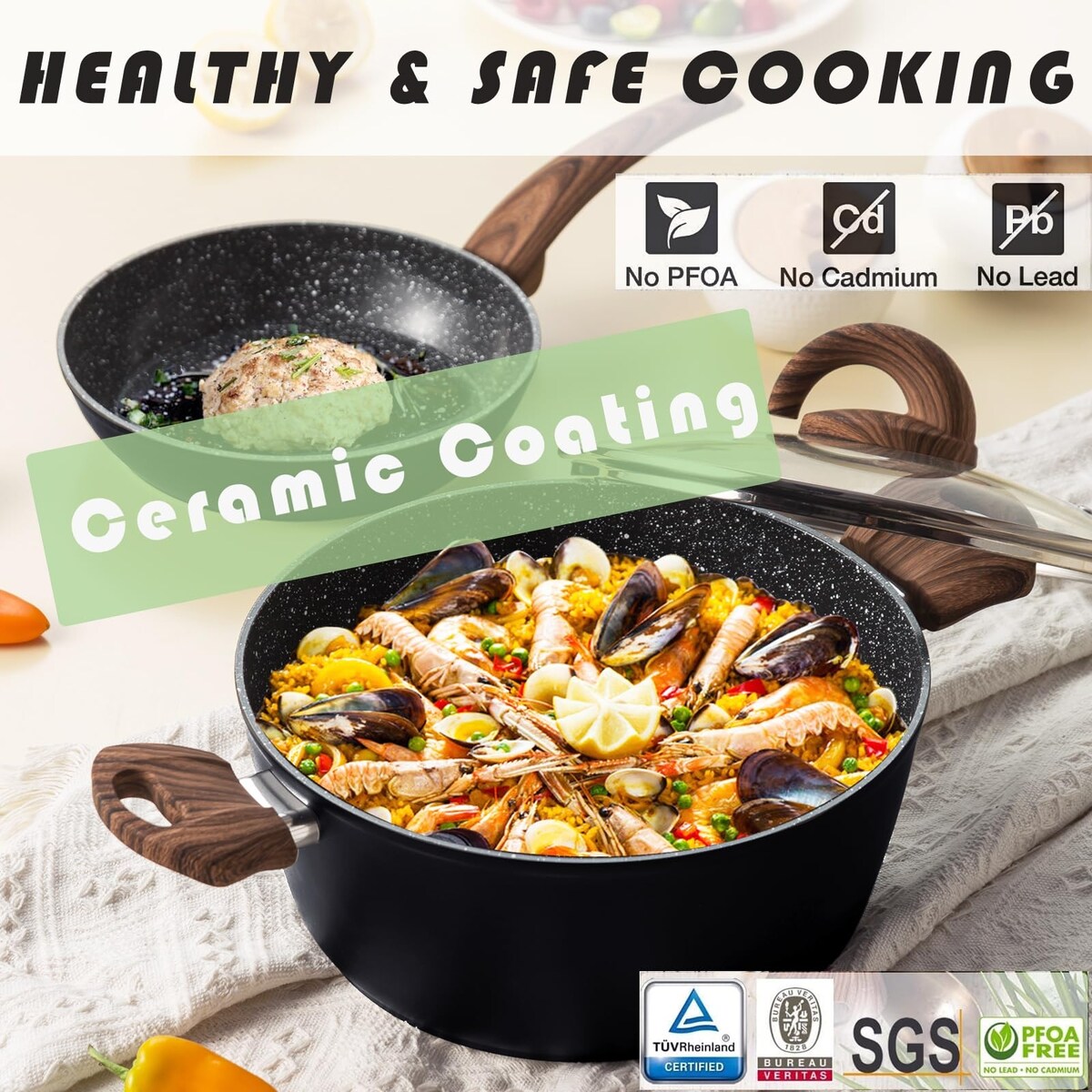 Set di pentole e padelle antiaderenti, set di pentole in ceramica con motivo, set di cottura a induzione con padelle, casseruola con coperchio