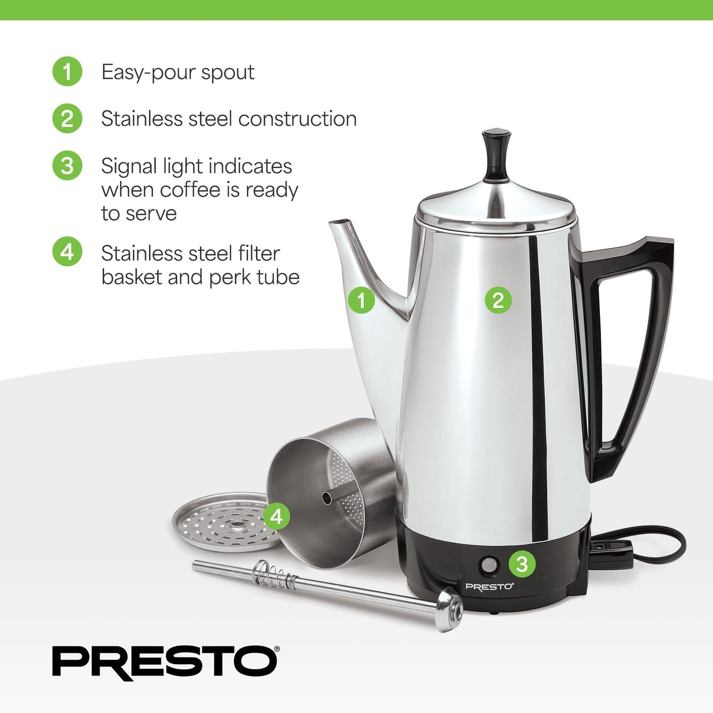 Caffettiera Presto in acciaio inox, 12 tazze, robusta, per caffè, argento - 2,79