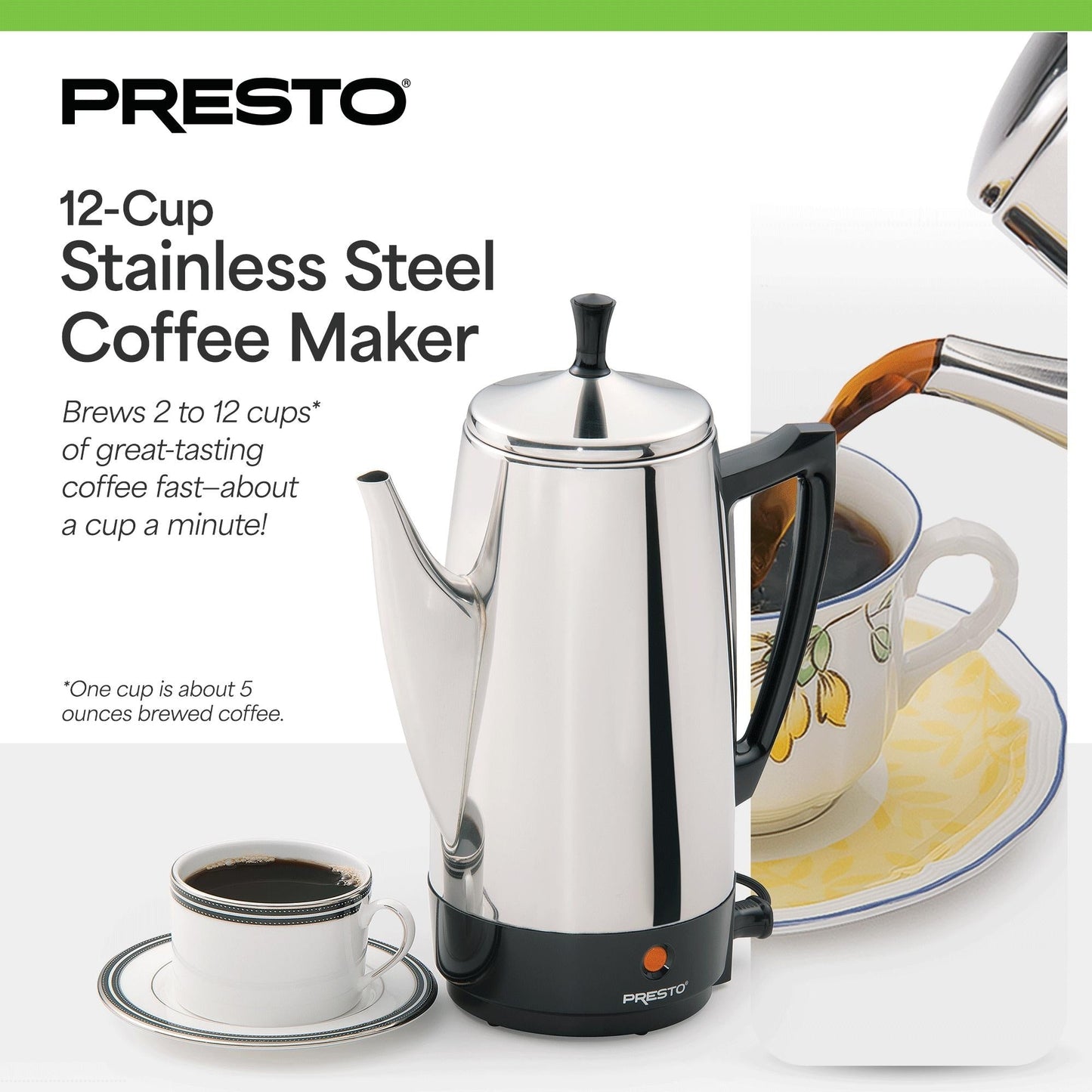 Caffettiera Presto in acciaio inox, 12 tazze, robusta, per caffè, argento - 2,79