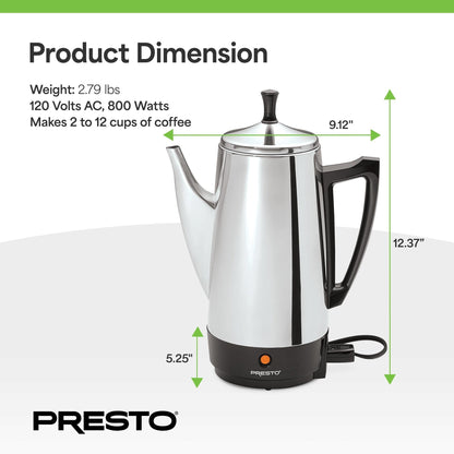 Caffettiera Presto in acciaio inox, 12 tazze, robusta, per caffè, argento - 2,79
