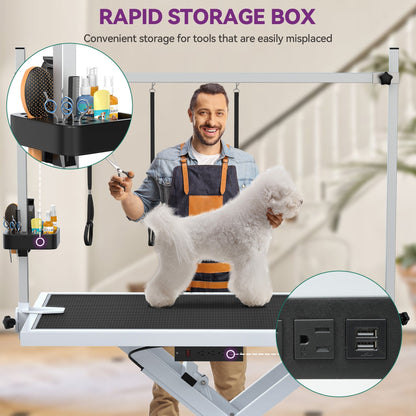 Tavolo da toelettatura professionale elettrico per cani di grossa taglia, tavolo da toelettatura per animali domestici resistente con braccio in alluminio per toelettatura cani - 50''W