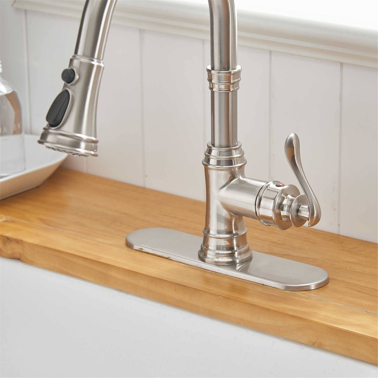 Rubinetto da cucina estraibile, maniglia singola, moderno, un foro, rubinetto per lavello da cucina con spruzzatore estraibile, rubinetto per lavabo con piastra di copertura