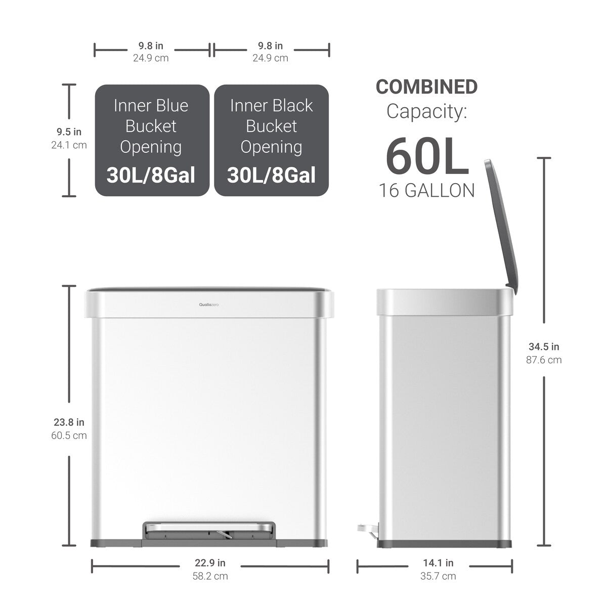 Qualiazero 16 Gal (unità doppia da 8 Gal) Contenitore rettangolare per il riciclaggio - Acciaio inossidabile