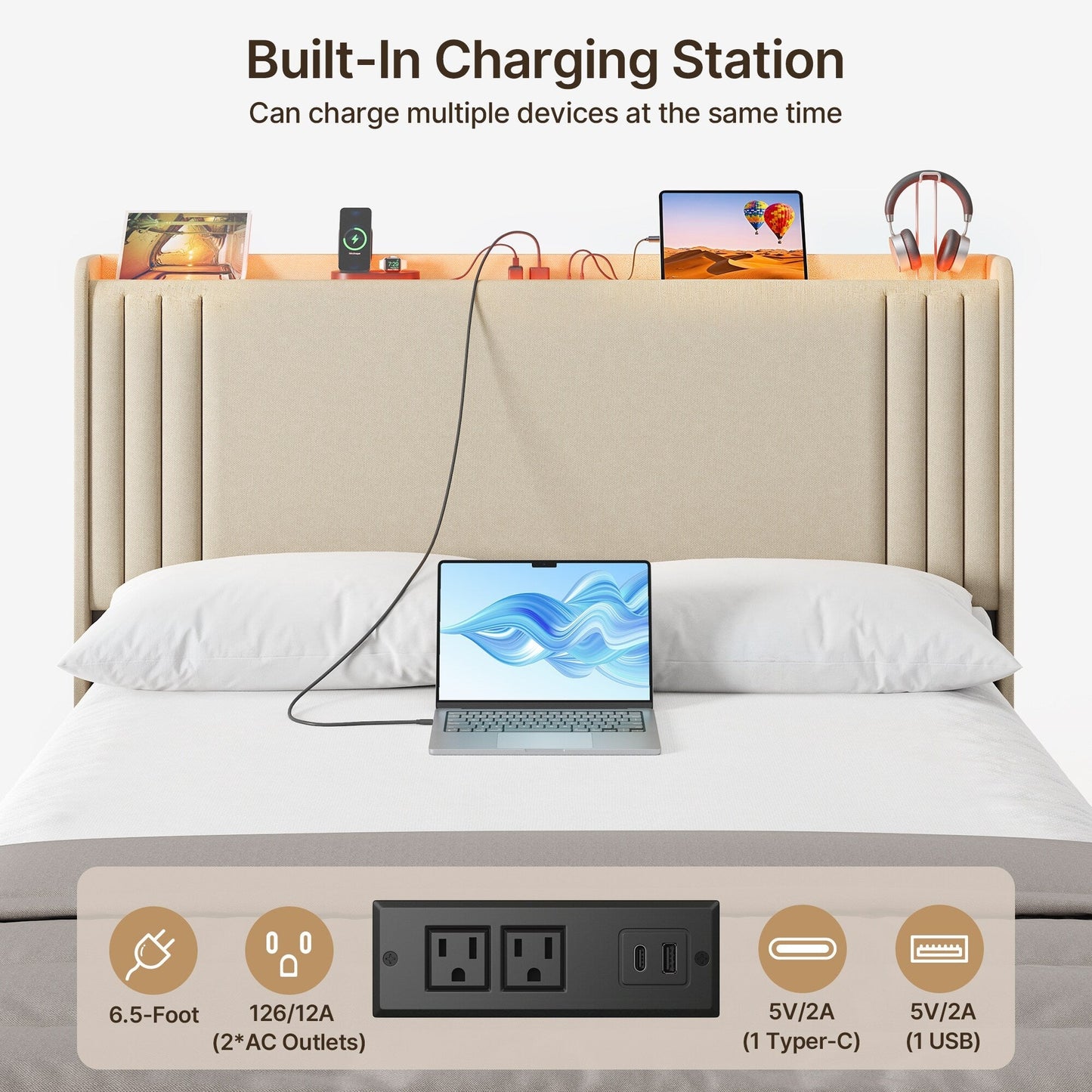 Letto imbottito con canali verticali queen/full e testiera wingback