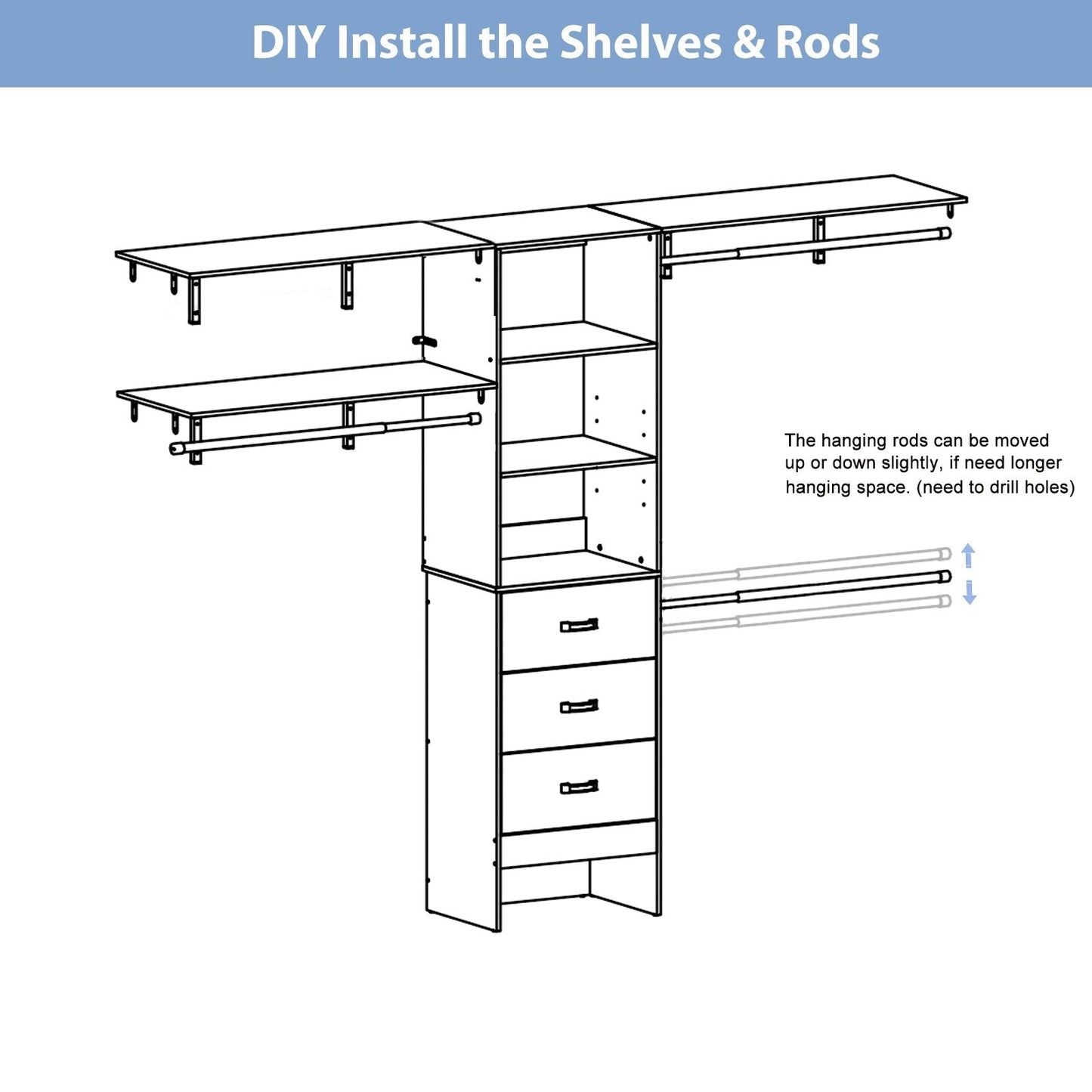 Rackcog 120'' Organizer per armadio regolabile con cassetti, sistema per armadio con ripiani fai da te per armadi a muro e cabine armadio