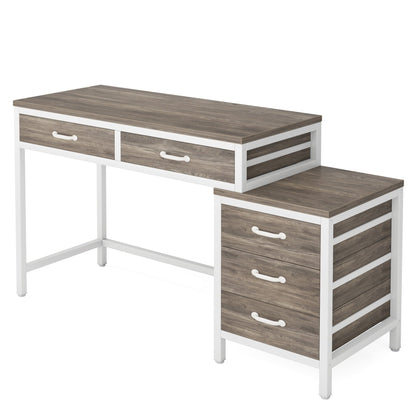 Scrivania per computer reversibile con 5 cassetti, scrivania per ufficio con cassetto per schedario e supporto per stampante