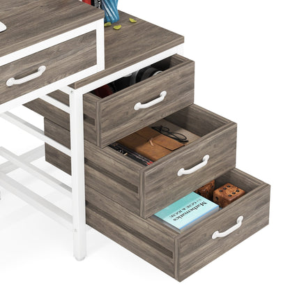 Scrivania per computer reversibile con 5 cassetti, scrivania per ufficio con cassetto per schedario e supporto per stampante