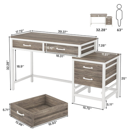 Scrivania per computer reversibile con 5 cassetti, scrivania per ufficio con cassetto per schedario e supporto per stampante